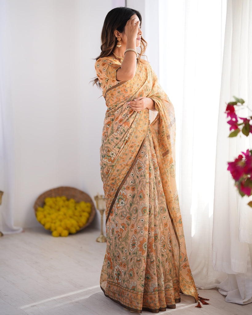 Peach Orange Pure Linen Cotton Handloom Saree with Floral Vine Print and Elegant Pallu Artwork LINEN HANDLOOM