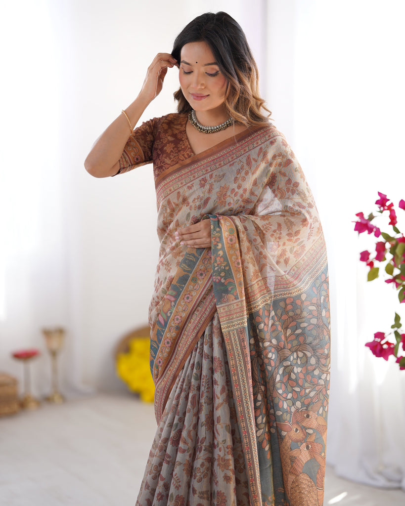 Beige & Rust Pure Linen Cotton Saree with Folk Animal Motif & Floral Print LINEN HANDLOOM