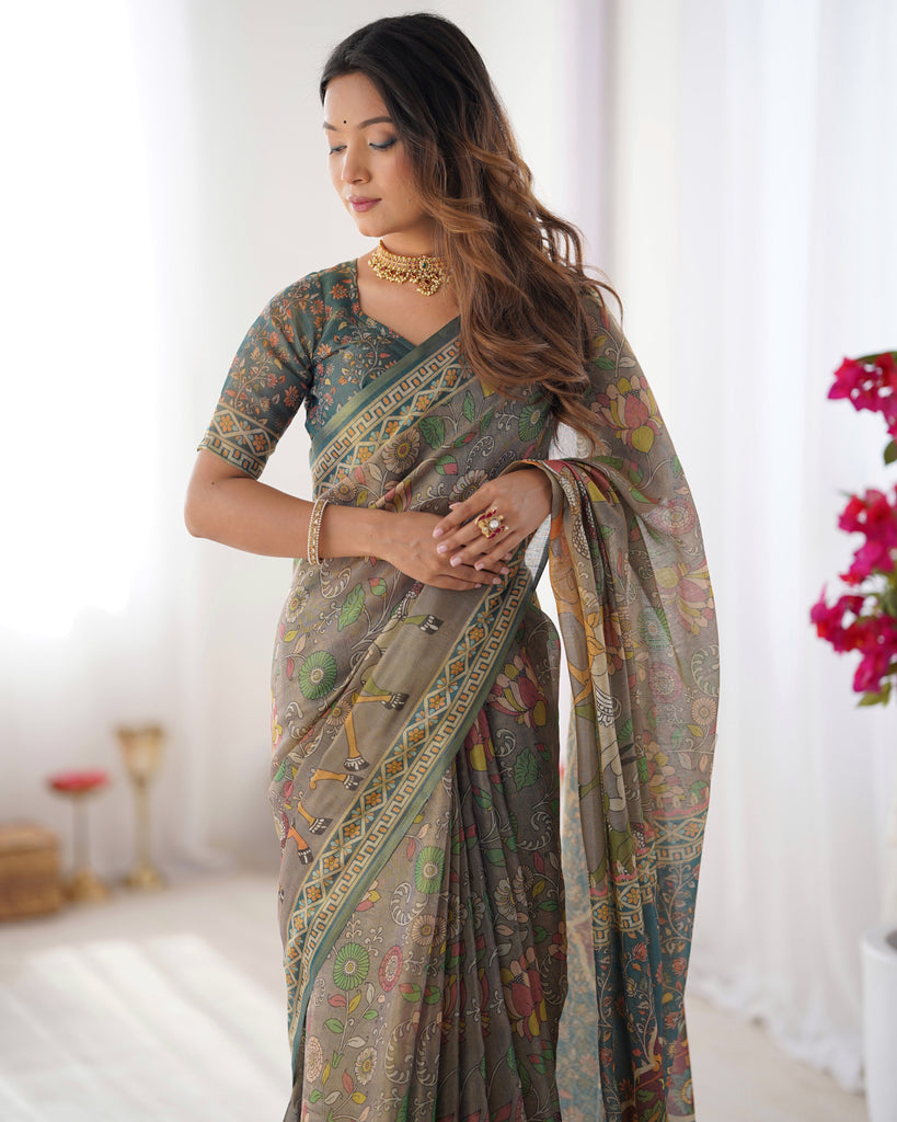 Teal Green Handloom Cotton Saree with Floral Print and Royal Elephant Pallu LINEN HANDLOOM