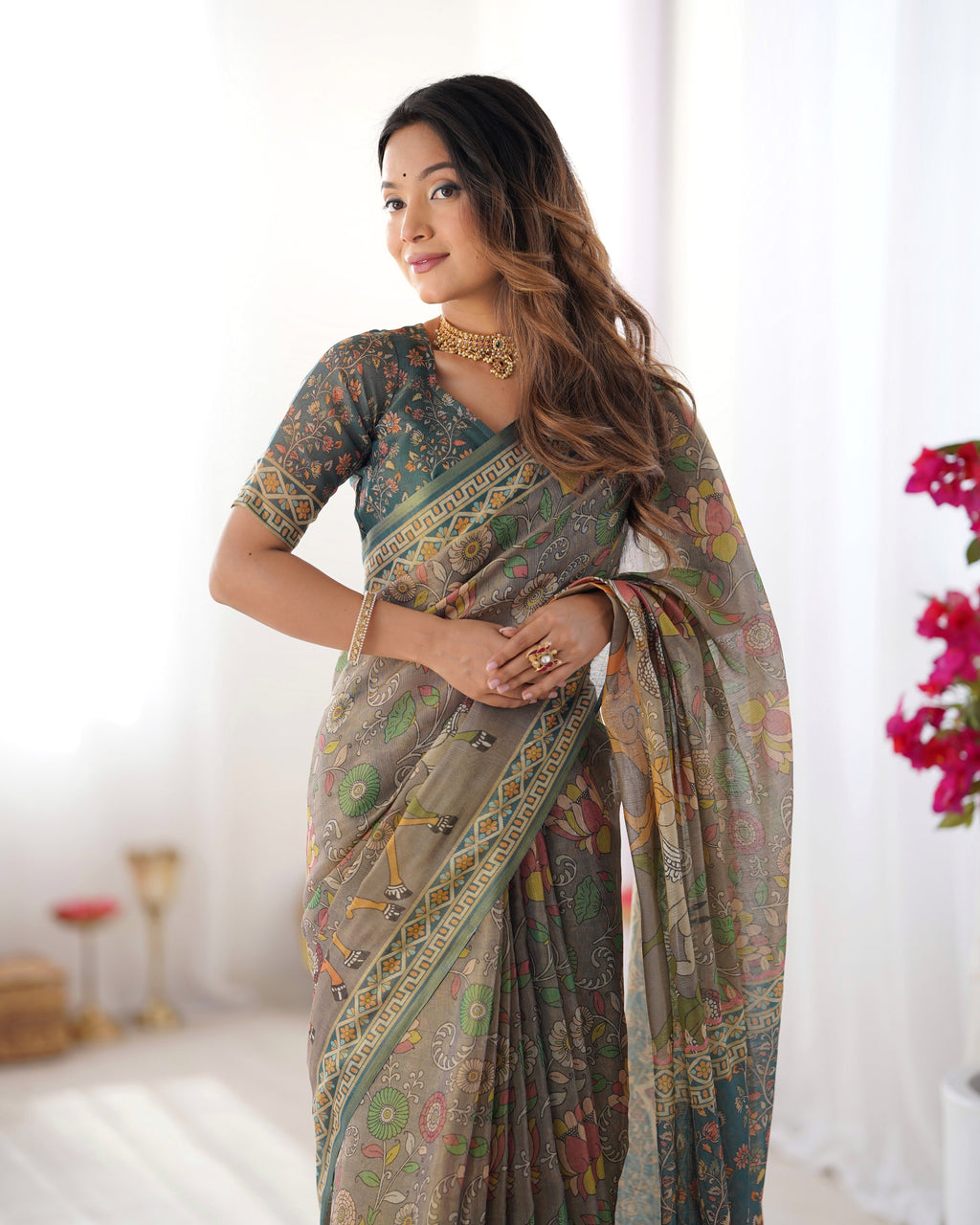 Teal Green Handloom Cotton Saree with Floral Print and Royal Elephant Pallu LINEN HANDLOOM