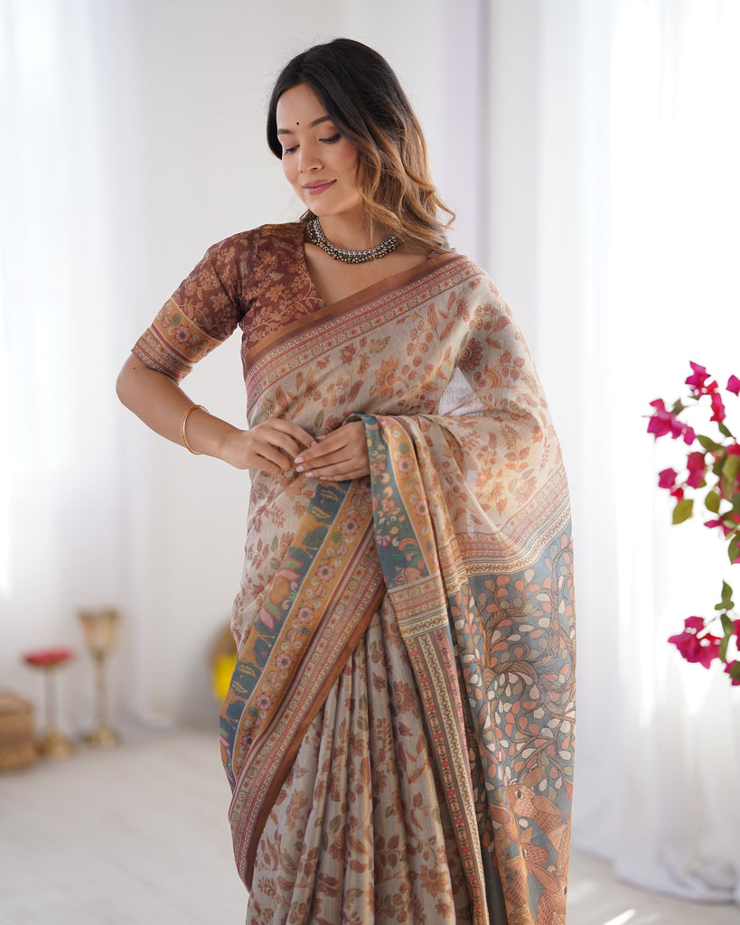 Beige & Rust Pure Linen Cotton Saree with Folk Animal Motif & Floral Print LINEN HANDLOOM