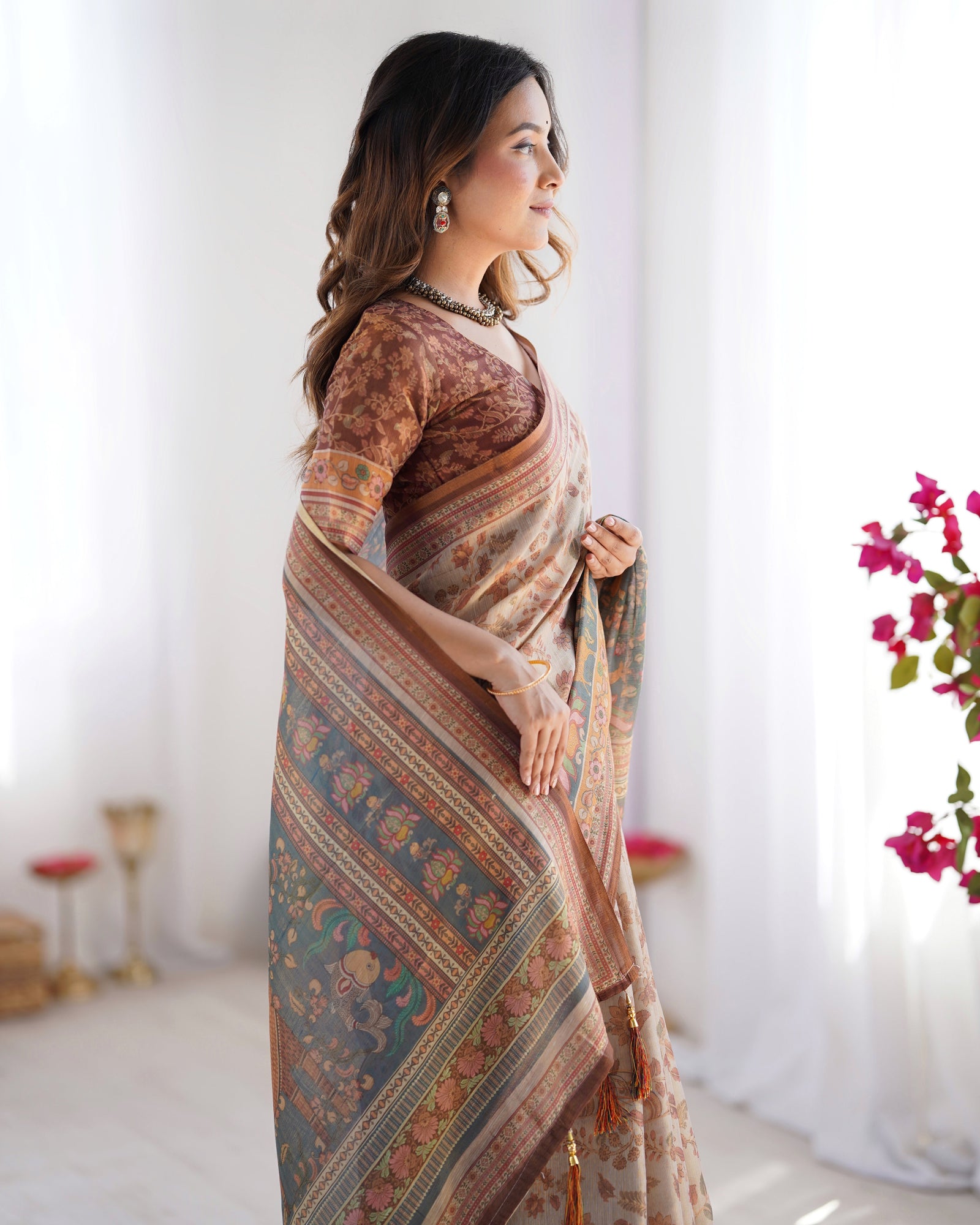 Beige & Rust Pure Linen Cotton Saree with Folk Animal Motif & Floral Print LINEN HANDLOOM