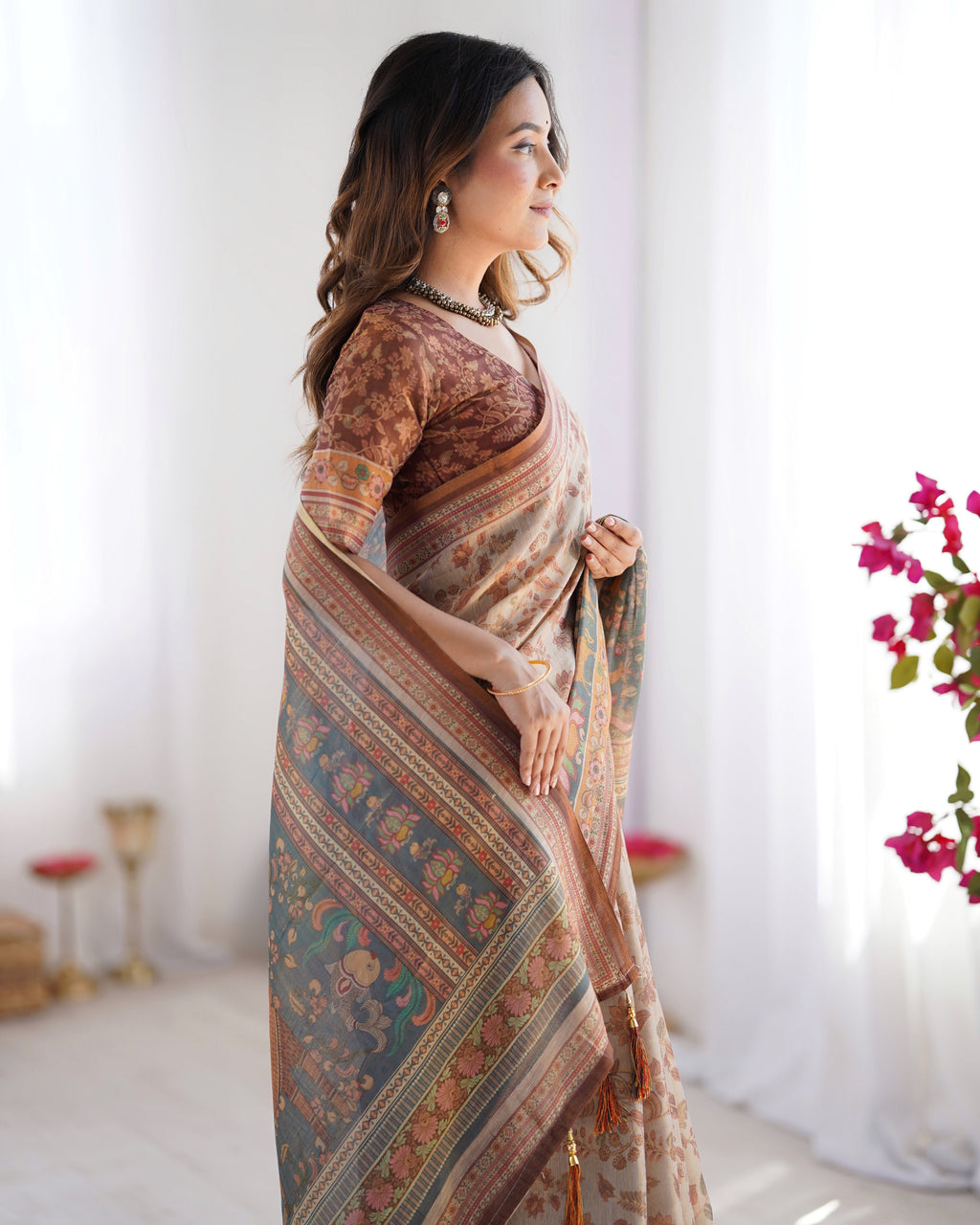 Beige & Rust Pure Linen Cotton Saree with Folk Animal Motif & Floral Print LINEN HANDLOOM