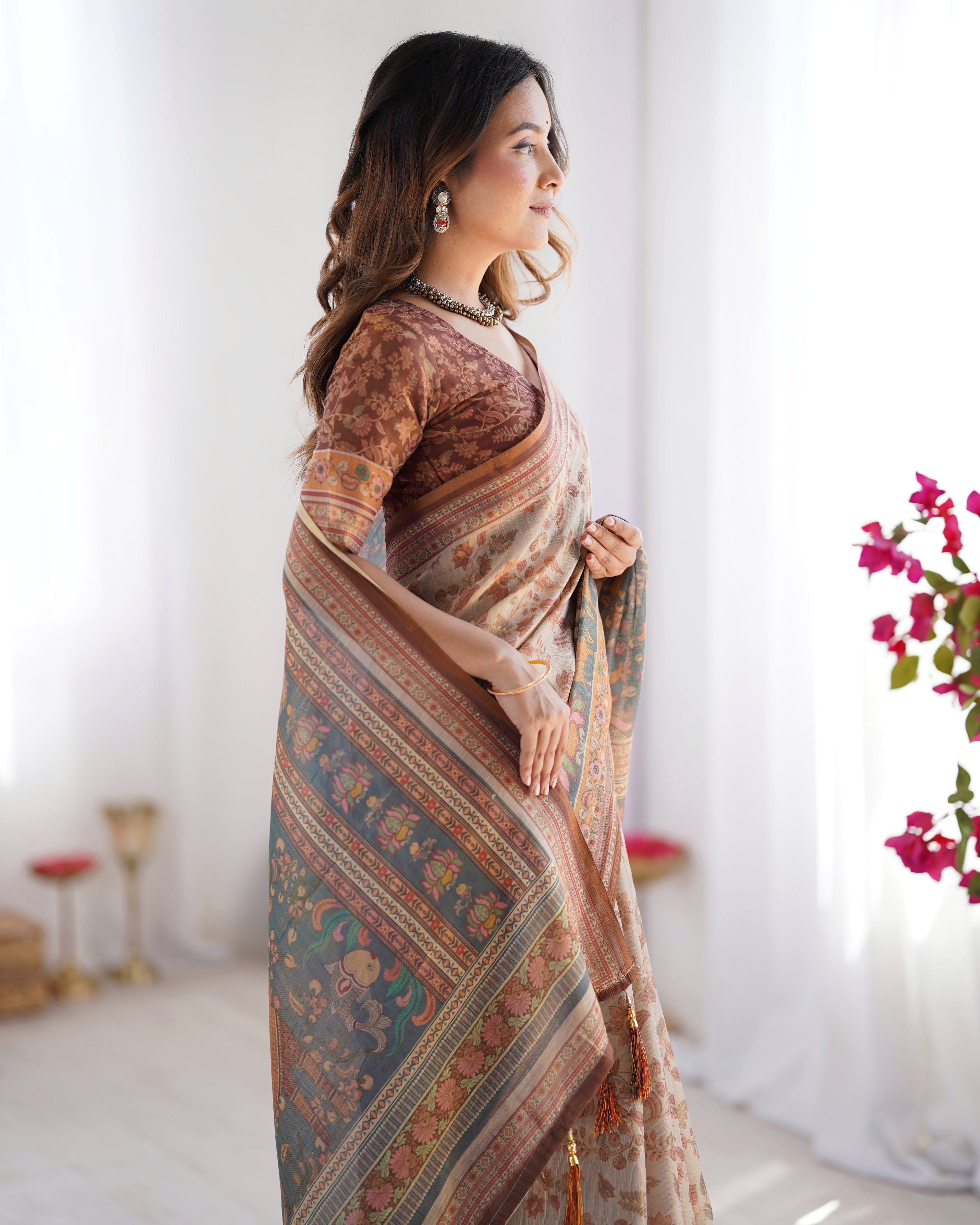 Beige & Rust Pure Linen Cotton Saree with Folk Animal Motif & Floral Print LINEN HANDLOOM