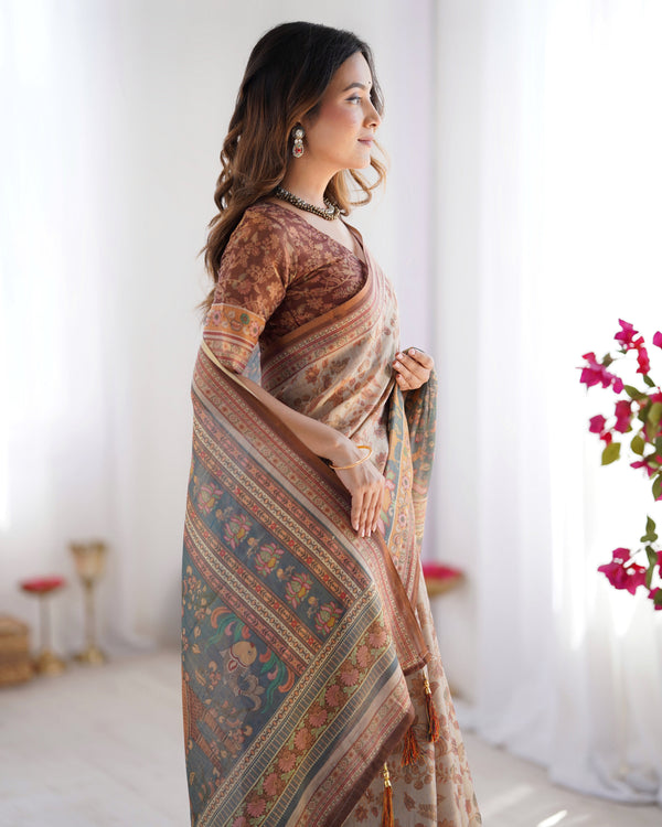Beige & Rust Pure Linen Cotton Saree with Folk Animal Motif & Floral Print LINEN HANDLOOM