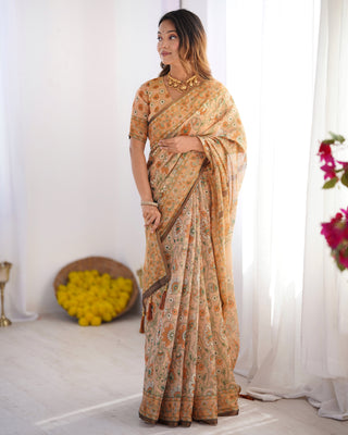 Peach Orange Pure Linen Cotton Handloom Saree with Floral Vine Print and Elegant Pallu Artwork LINEN HANDLOOM