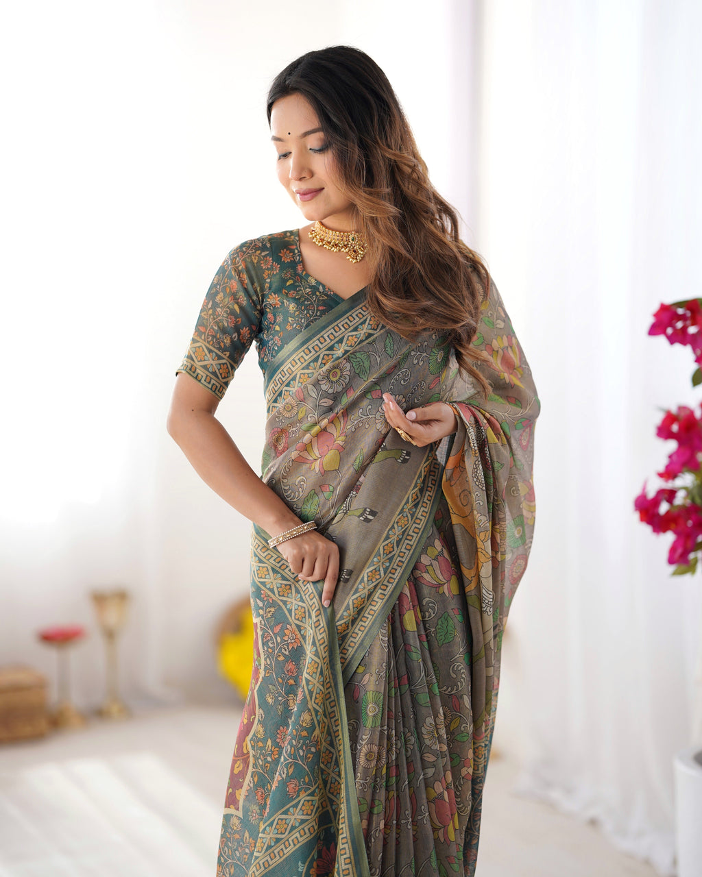 Teal Green Handloom Cotton Saree with Floral Print and Royal Elephant Pallu LINEN HANDLOOM