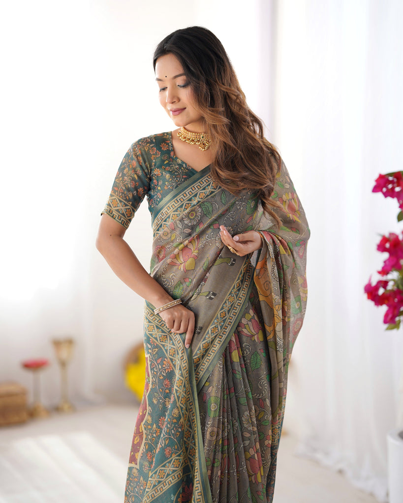 Teal Green Handloom Cotton Saree with Floral Print and Royal Elephant Pallu LINEN HANDLOOM