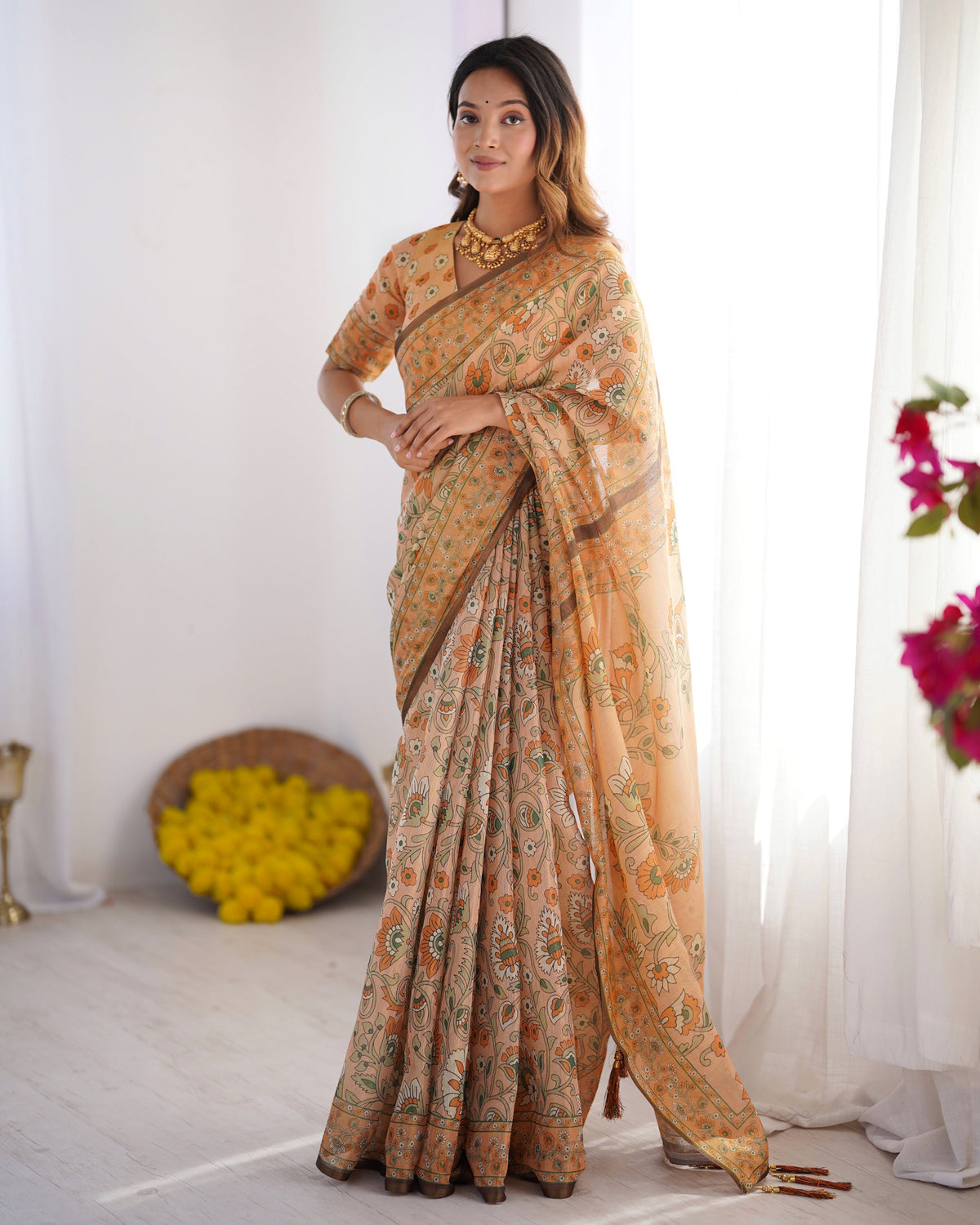 Peach Orange Pure Linen Cotton Handloom Saree with Floral Vine Print and Elegant Pallu Artwork LINEN HANDLOOM Main image