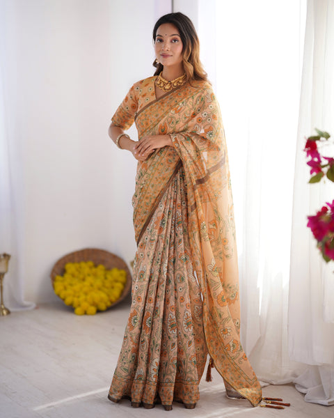 Peach Orange Pure Linen Cotton Handloom Saree with Floral Vine Print and Elegant Pallu Artwork LINEN HANDLOOM Main image