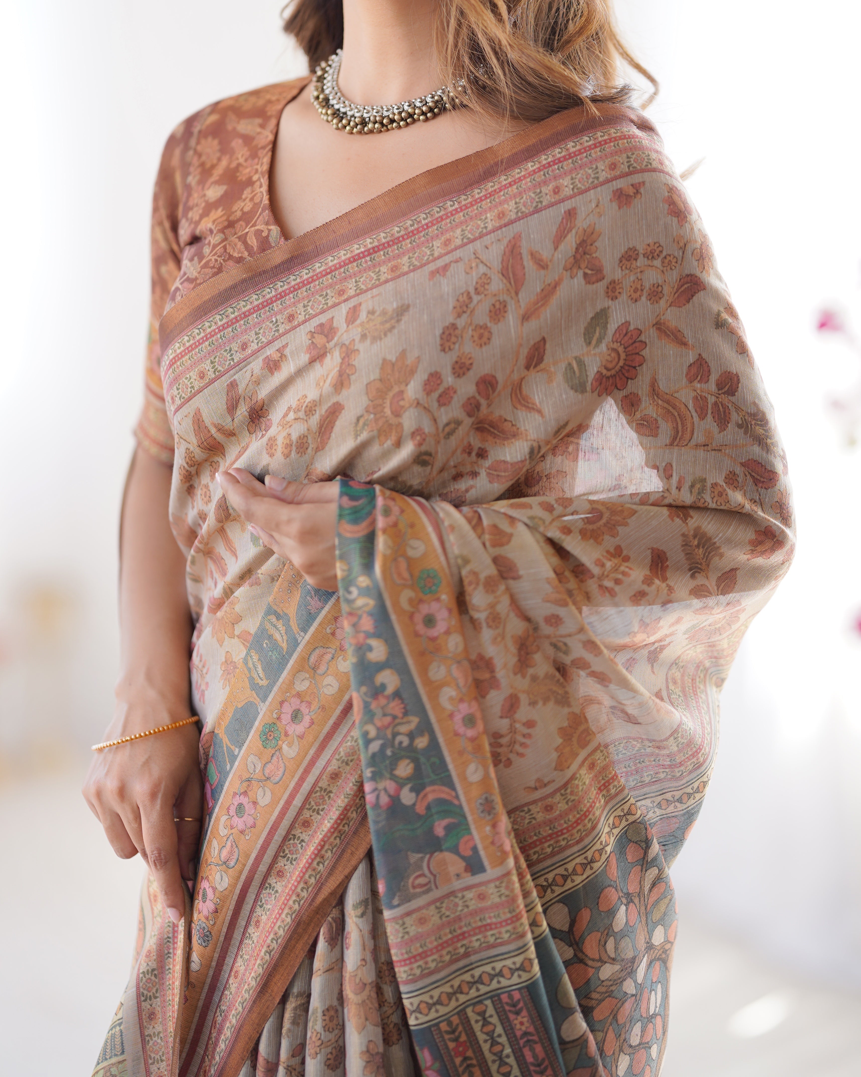 Beige & Rust Pure Linen Cotton Saree with Folk Animal Motif & Floral Print LINEN HANDLOOM
