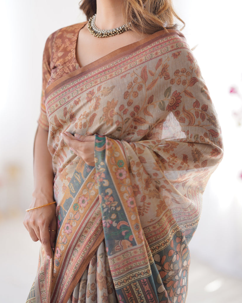 Beige & Rust Pure Linen Cotton Saree with Folk Animal Motif & Floral Print LINEN HANDLOOM