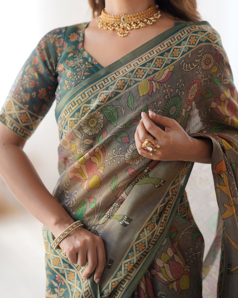 Teal Green Handloom Cotton Saree with Floral Print and Royal Elephant Pallu LINEN HANDLOOM