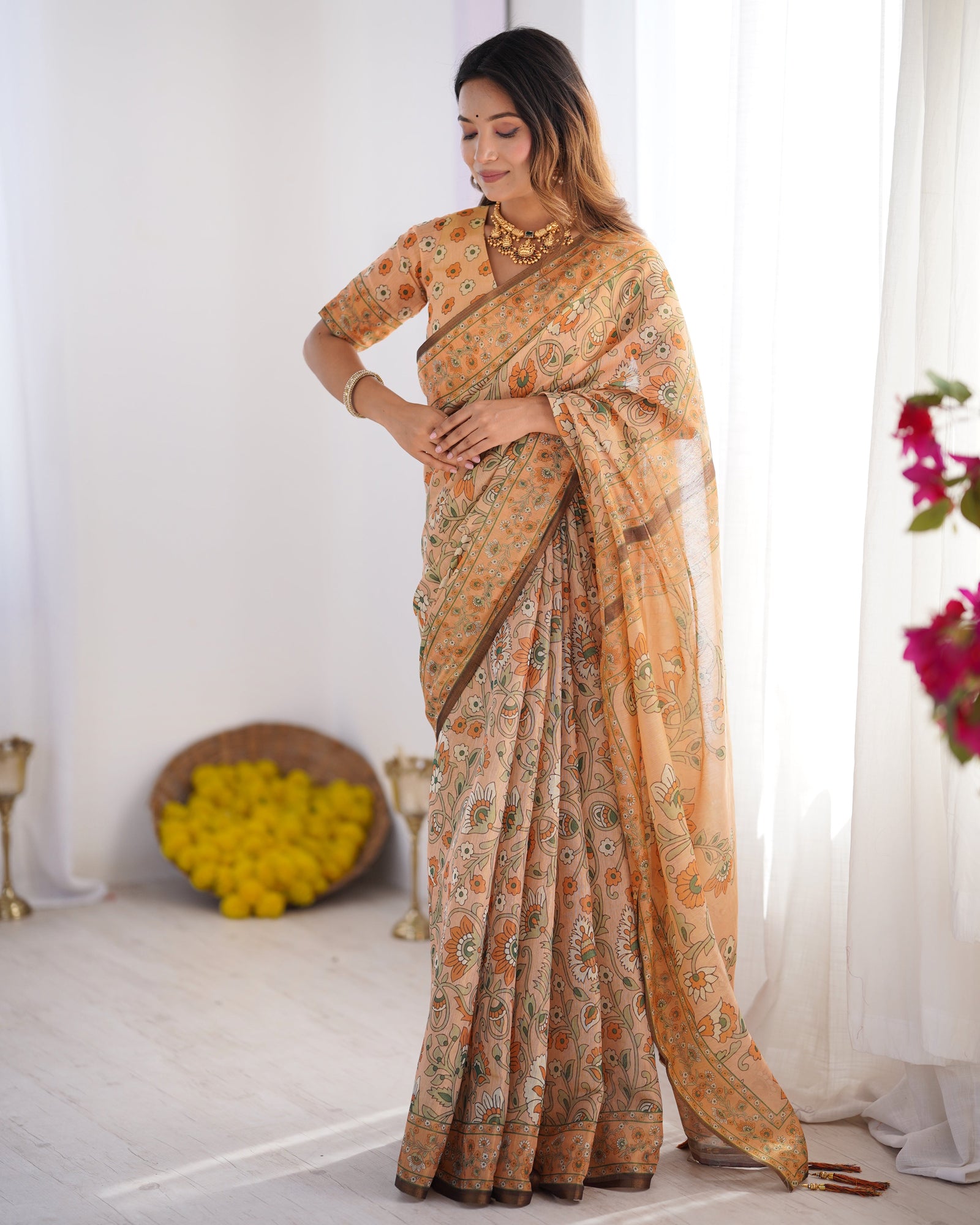 Peach Orange Pure Linen Cotton Handloom Saree with Floral Vine Print and Elegant Pallu Artwork LINEN HANDLOOM