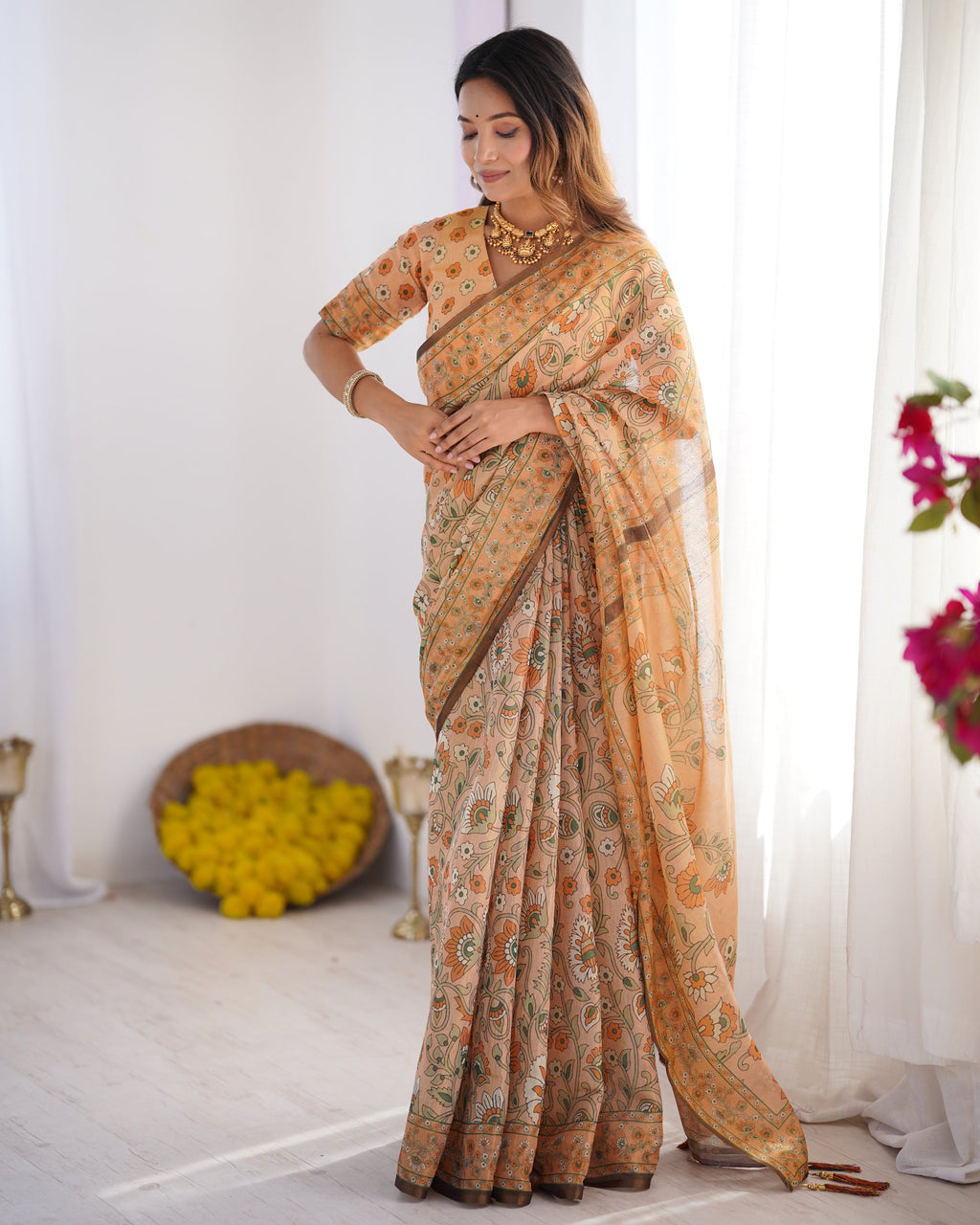 Peach Orange Pure Linen Cotton Handloom Saree with Floral Vine Print and Elegant Pallu Artwork LINEN HANDLOOM