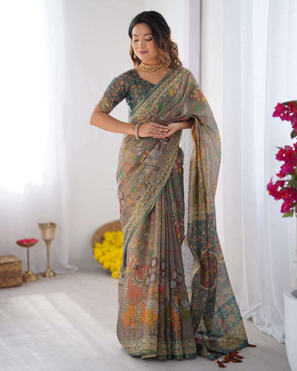 Teal Green Handloom Cotton Saree with Floral Print and Royal Elephant Pallu LINEN HANDLOOM