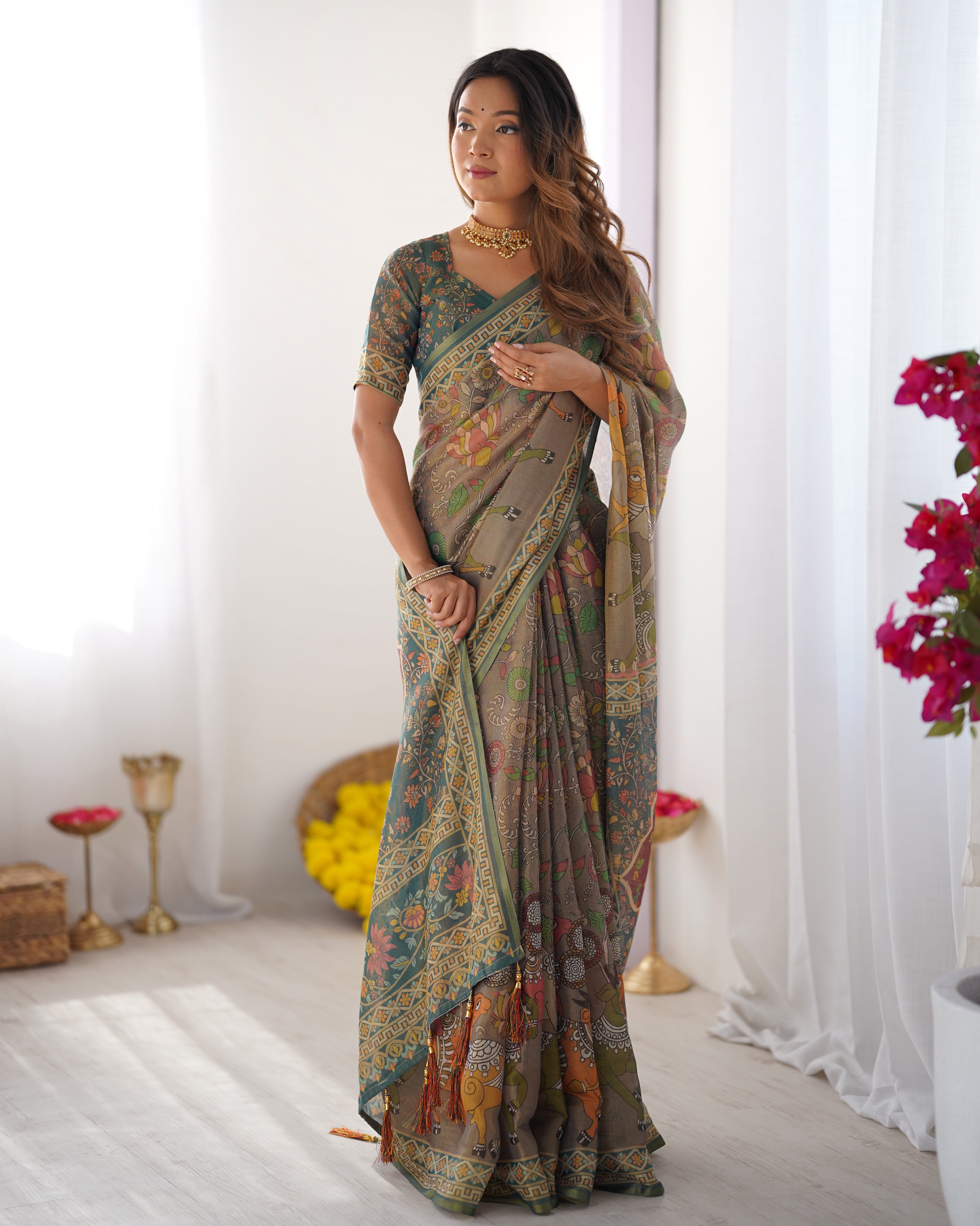 Teal Green Handloom Cotton Saree with Floral Print and Royal Elephant Pallu Secondary image