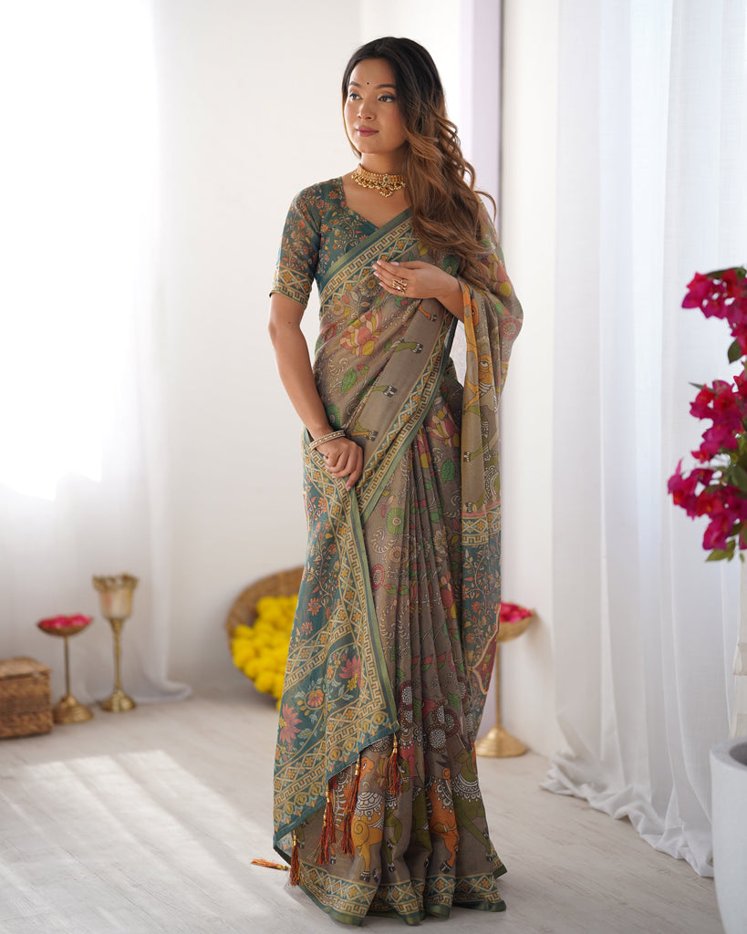 Teal Green Handloom Cotton Saree with Floral Print and Royal Elephant Pallu LINEN HANDLOOM