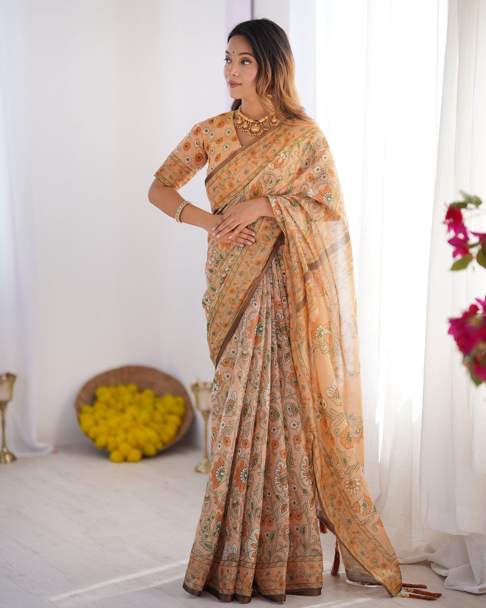 Peach Orange Pure Linen Cotton Handloom Saree with Floral Vine Print and Elegant Pallu Artwork LINEN HANDLOOM