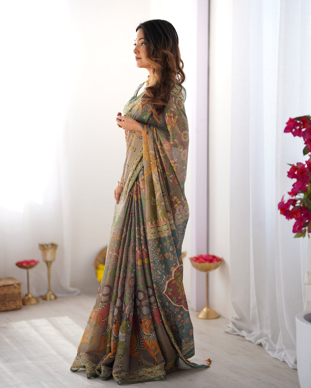 Teal Green Handloom Cotton Saree with Floral Print and Royal Elephant Pallu LINEN HANDLOOM