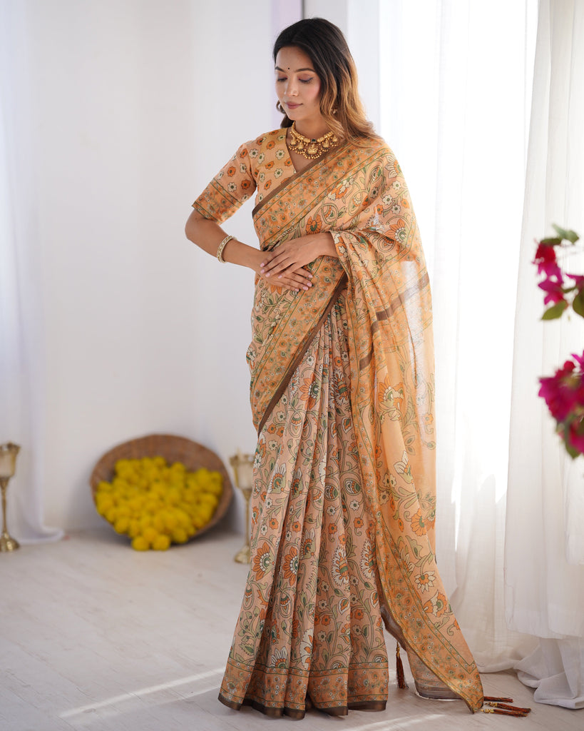 Peach Orange Pure Linen Cotton Handloom Saree with Floral Vine Print and Elegant Pallu Artwork LINEN HANDLOOM