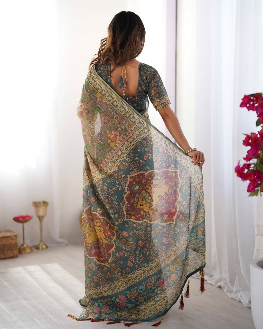 Teal Green Handloom Cotton Saree with Floral Print and Royal Elephant Pallu LINEN HANDLOOM