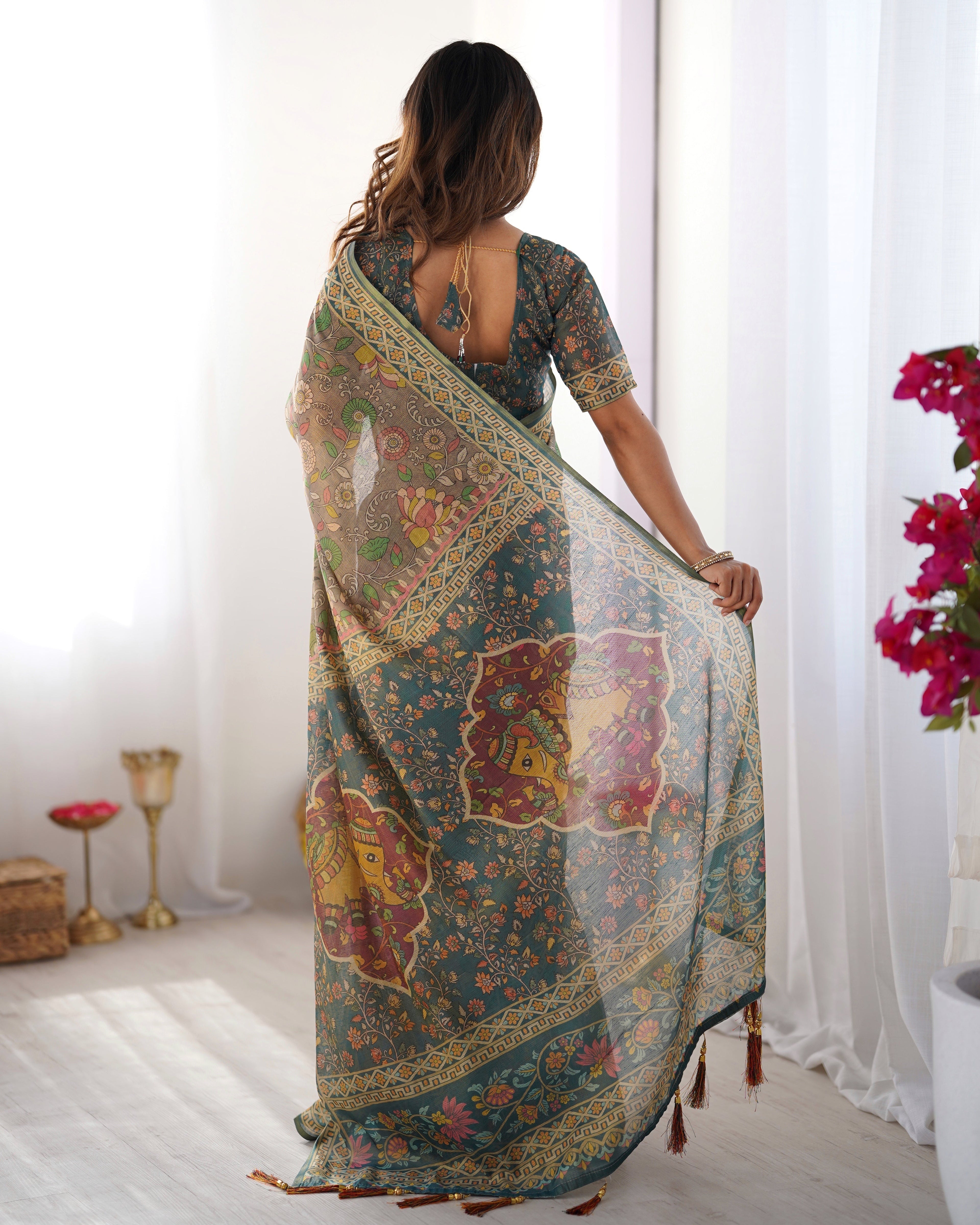 Teal Green Handloom Cotton Saree with Floral Print and Royal Elephant Pallu LINEN HANDLOOM