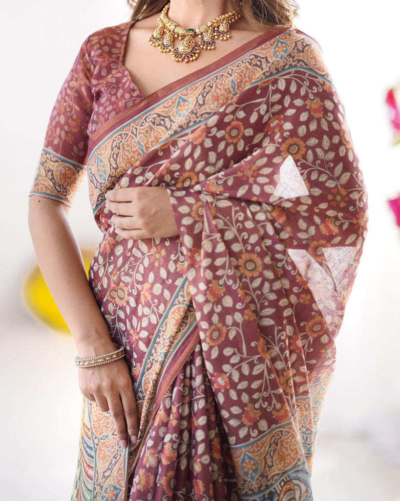 Maroon Pure Linen Cotton Handloom Saree with Floral Buti Print and Madhubani Fish Art Pallu LINEN HANDLOOM