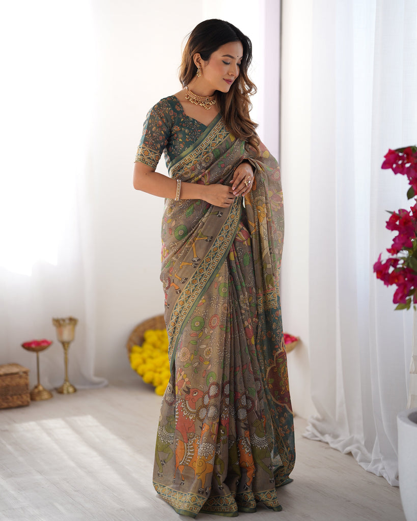 Teal Green Handloom Cotton Saree with Floral Print and Royal Elephant Pallu LINEN HANDLOOM