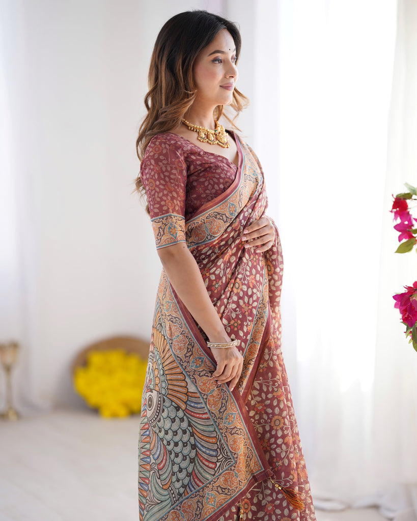 Maroon Pure Linen Cotton Handloom Saree with Floral Buti Print and Madhubani Fish Art Pallu LINEN HANDLOOM