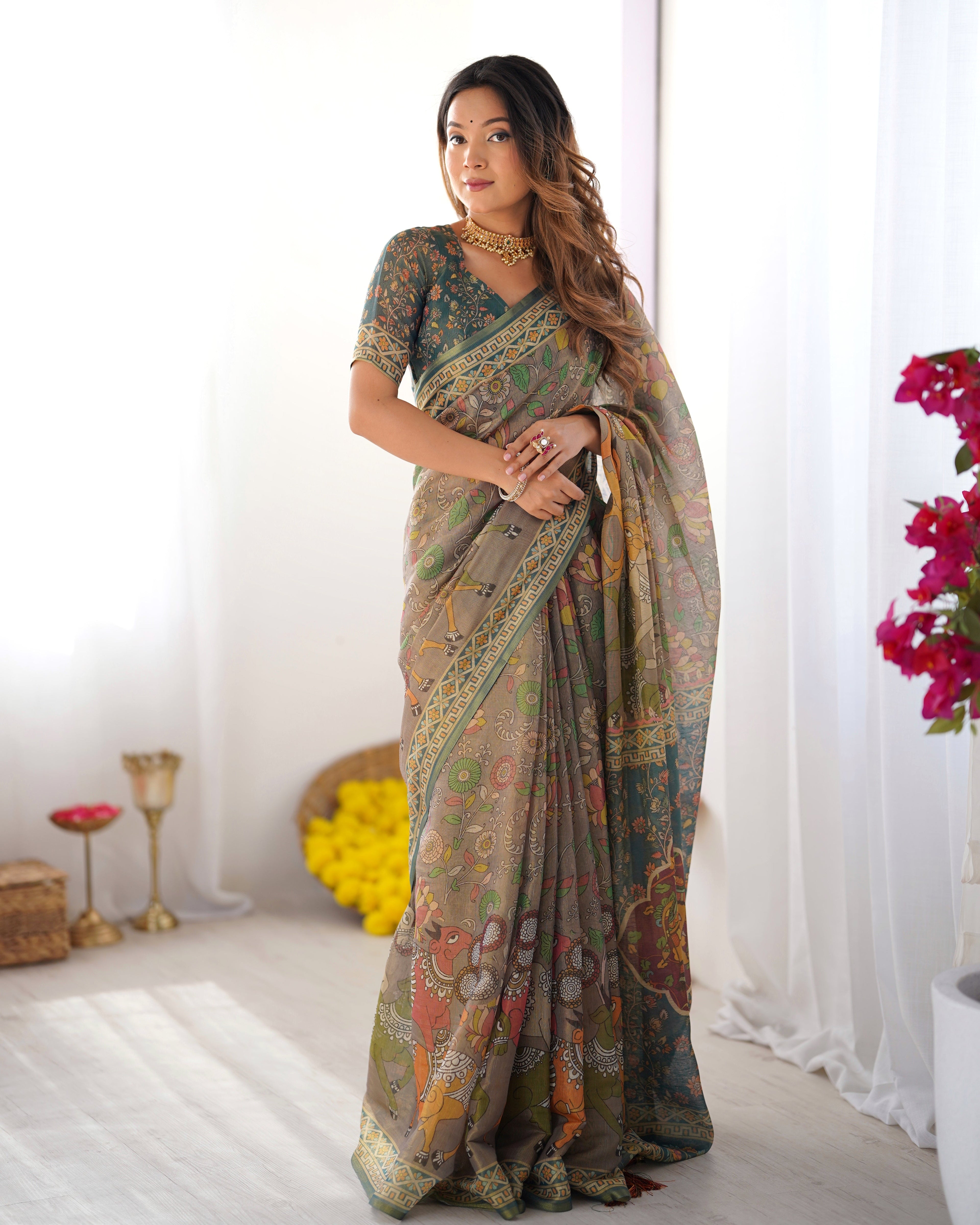 Teal Green Handloom Cotton Saree with Floral Print and Royal Elephant Pallu LINEN HANDLOOM