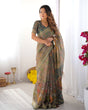 Load image into Gallery viewer, Teal Green Handloom Cotton Saree with Floral Print and Royal Elephant Pallu LINEN HANDLOOM