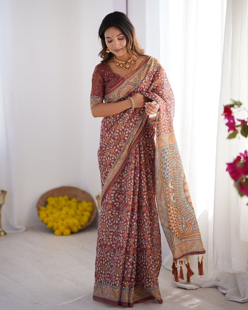 Maroon Pure Linen Cotton Handloom Saree with Floral Buti Print and Madhubani Fish Art Pallu LINEN HANDLOOM