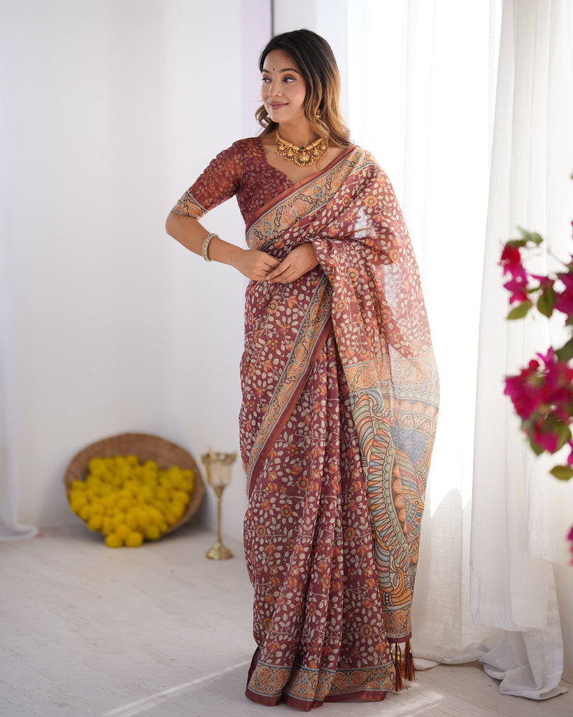 Maroon Pure Linen Cotton Handloom Saree with Floral Buti Print and Madhubani Fish Art Pallu LINEN HANDLOOM