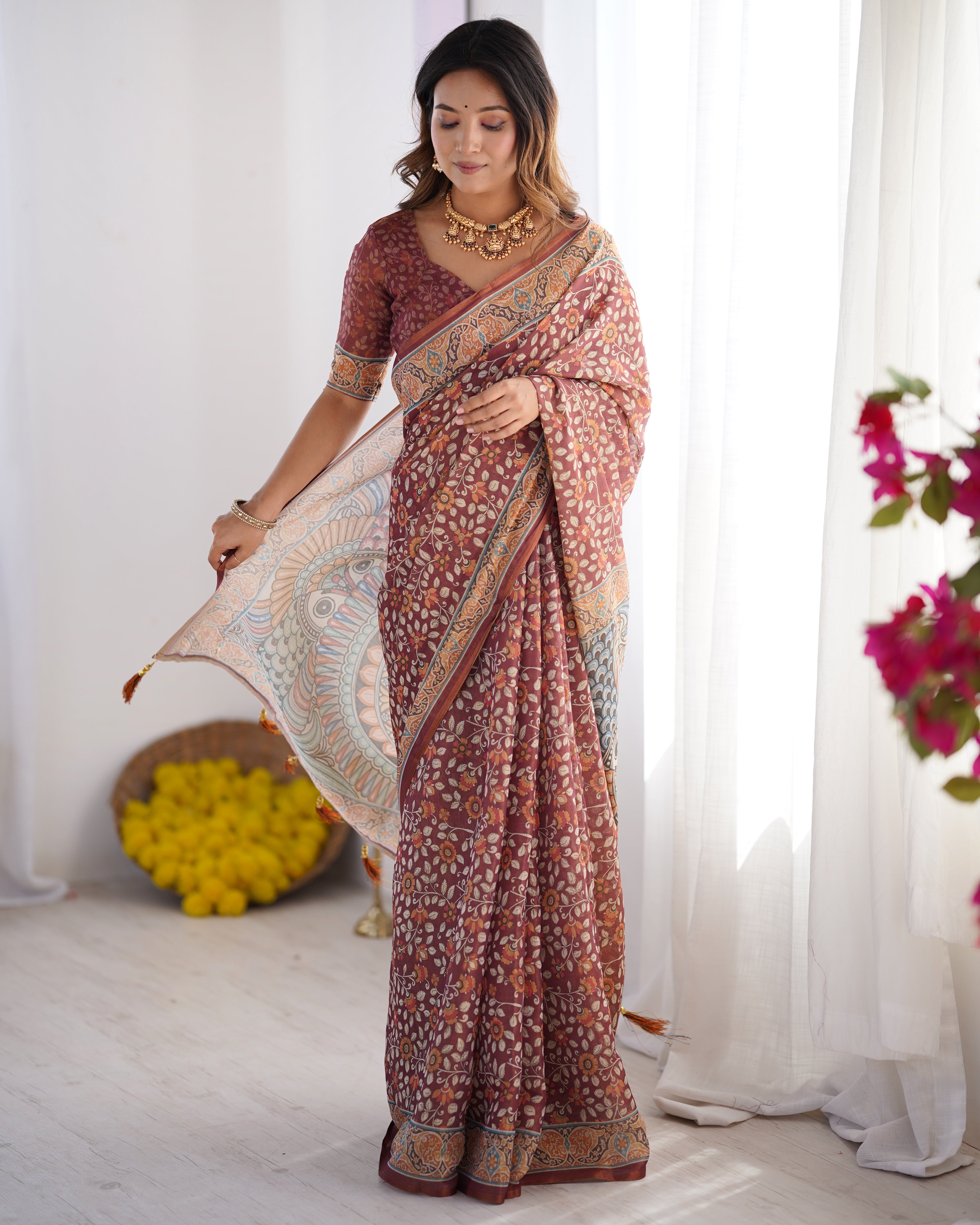 Maroon Pure Linen Cotton Handloom Saree with Floral Buti Print and Madhubani Fish Art Pallu Secondary image