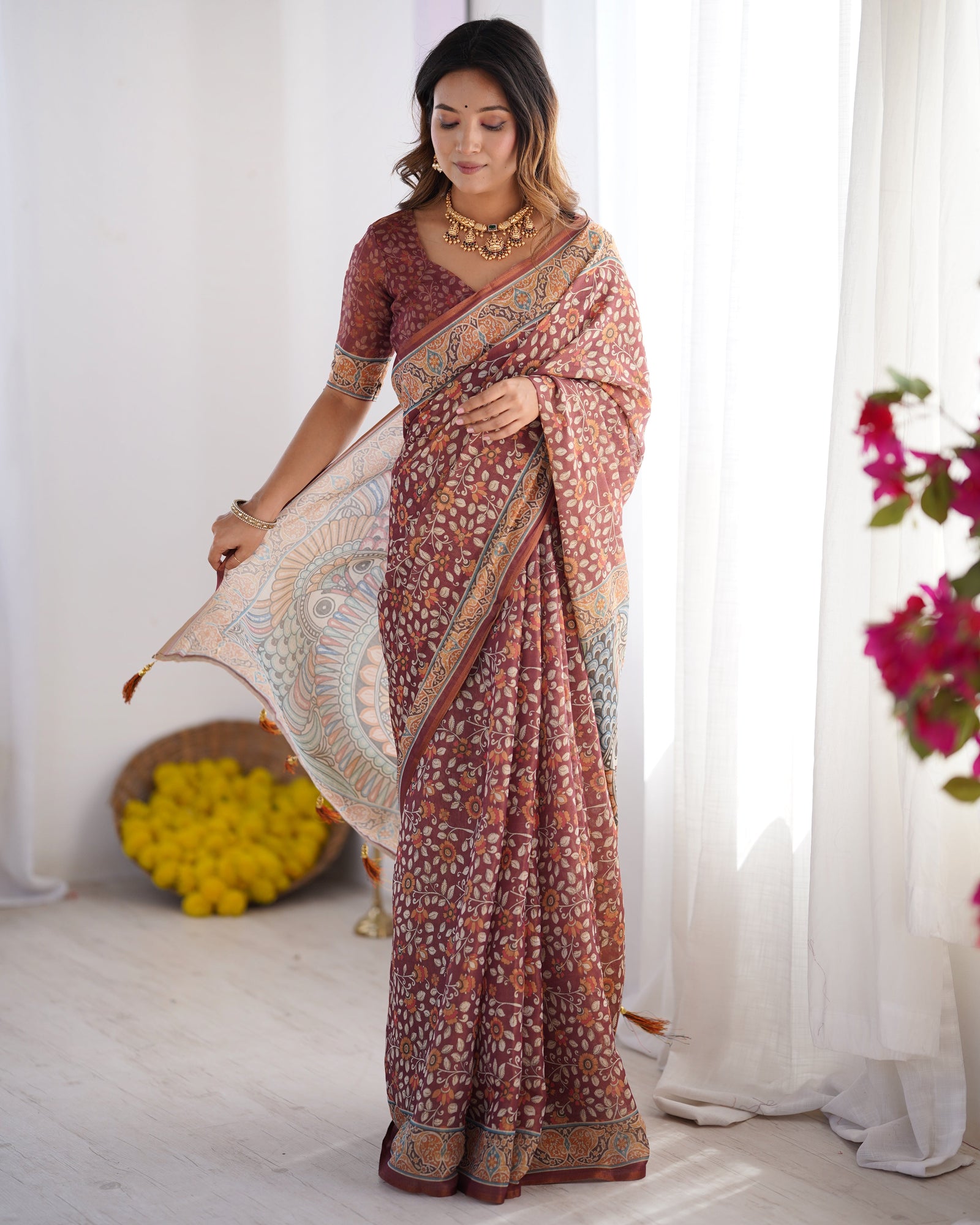 Maroon Pure Linen Cotton Handloom Saree with Floral Buti Print and Madhubani Fish Art Pallu LINEN HANDLOOM
