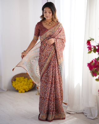 Maroon Pure Linen Cotton Handloom Saree with Floral Buti Print and Madhubani Fish Art Pallu LINEN HANDLOOM