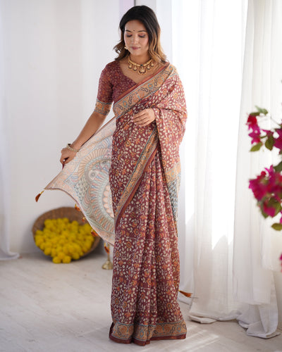 Maroon Pure Linen Cotton Handloom Saree with Floral Buti Print and Madhubani Fish Art Pallu LINEN HANDLOOM