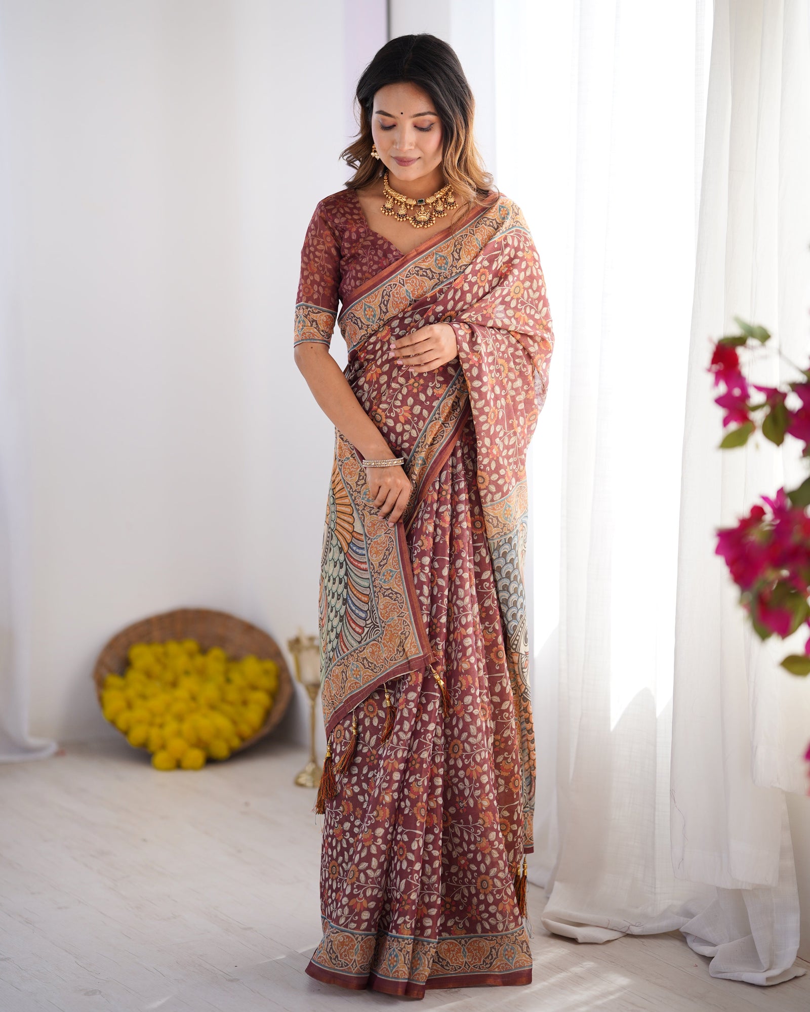 Maroon Pure Linen Cotton Handloom Saree with Floral Buti Print and Madhubani Fish Art Pallu LINEN HANDLOOM