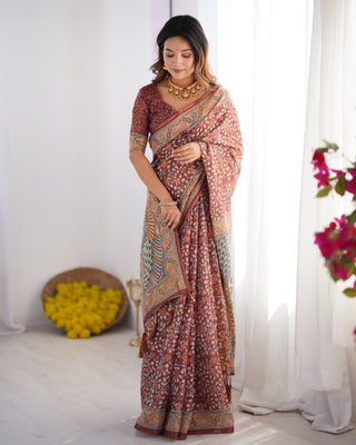 Maroon Pure Linen Cotton Handloom Saree with Floral Buti Print and Madhubani Fish Art Pallu LINEN HANDLOOM
