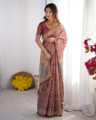Maroon Pure Linen Cotton Handloom Saree with Floral Buti Print and Madhubani Fish Art Pallu LINEN HANDLOOM