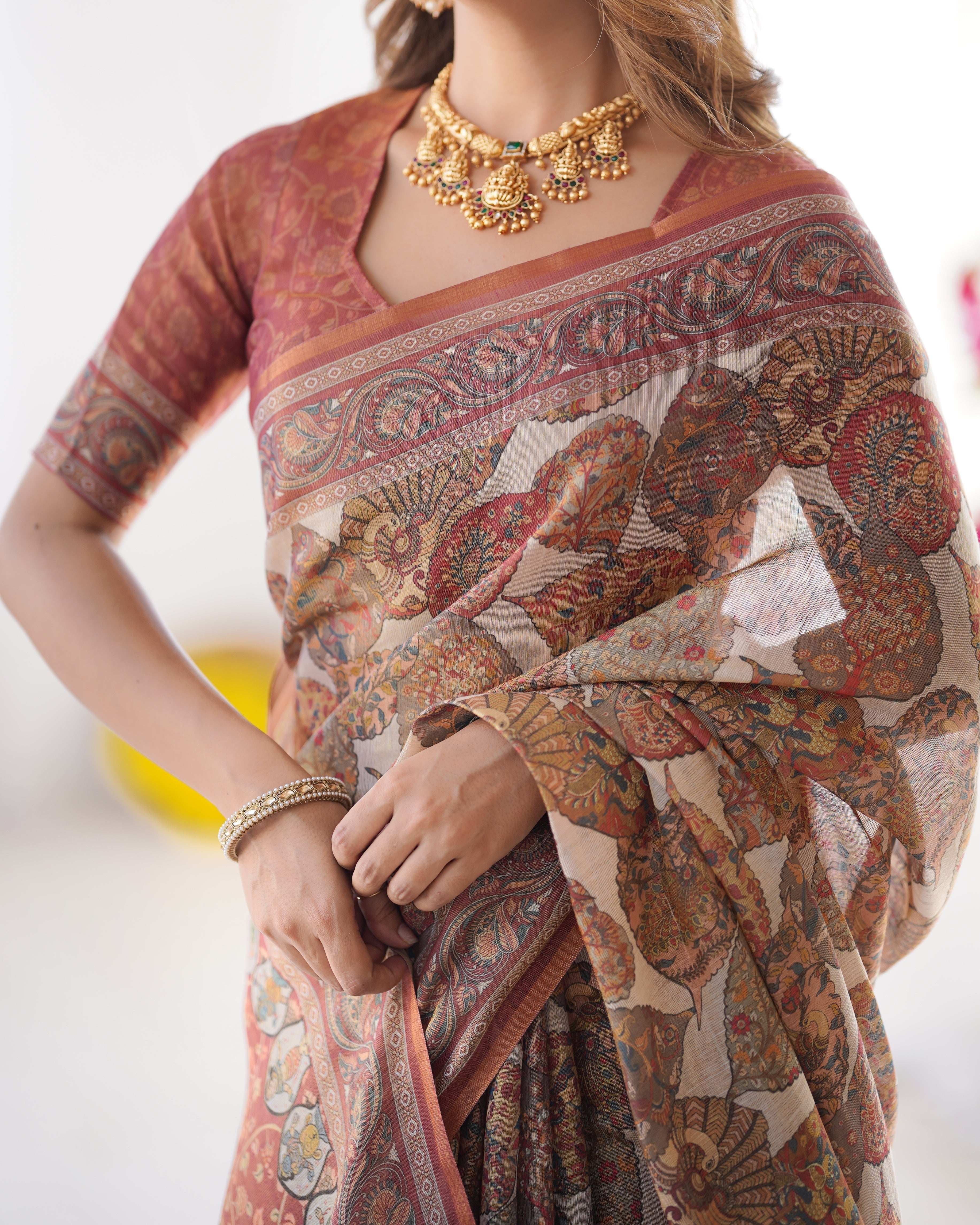Rust Beige Pure Linen Cotton Saree with Paisley Motifs and Mandala Artwork LINEN HANDLOOM