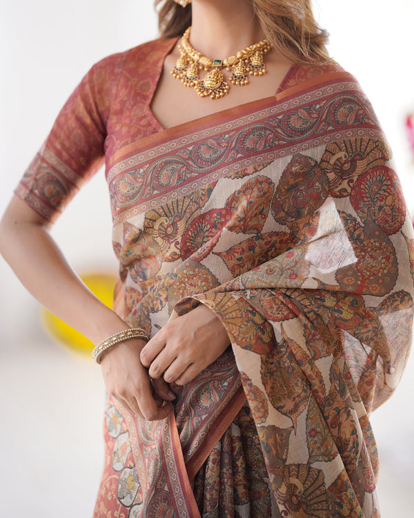 Rust Beige Pure Linen Cotton Saree with Paisley Motifs and Mandala Artwork LINEN HANDLOOM
