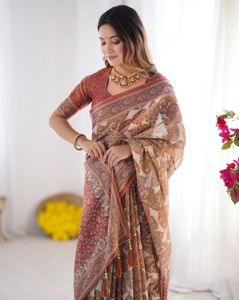 Rust Beige Pure Linen Cotton Saree with Paisley Motifs and Mandala Artwork LINEN HANDLOOM