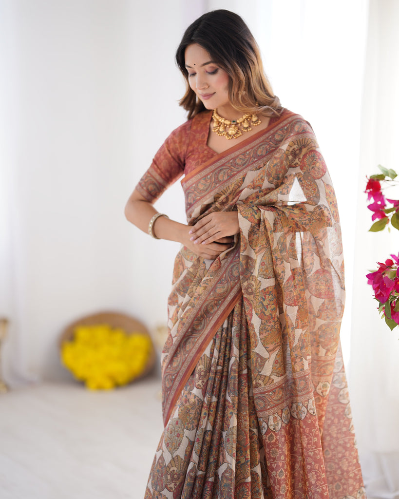 Rust Beige Pure Linen Cotton Saree with Paisley Motifs and Mandala Artwork LINEN HANDLOOM