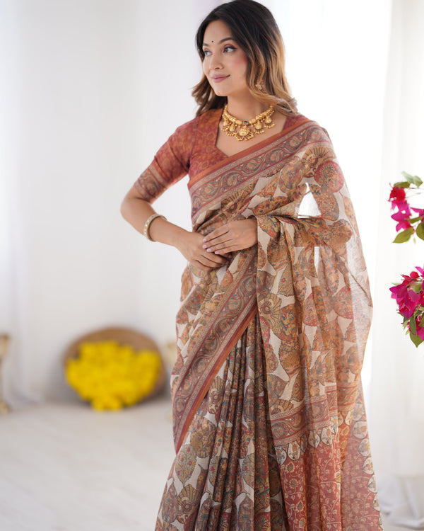 Rust Beige Pure Linen Cotton Saree with Paisley Motifs and Mandala Artwork LINEN HANDLOOM