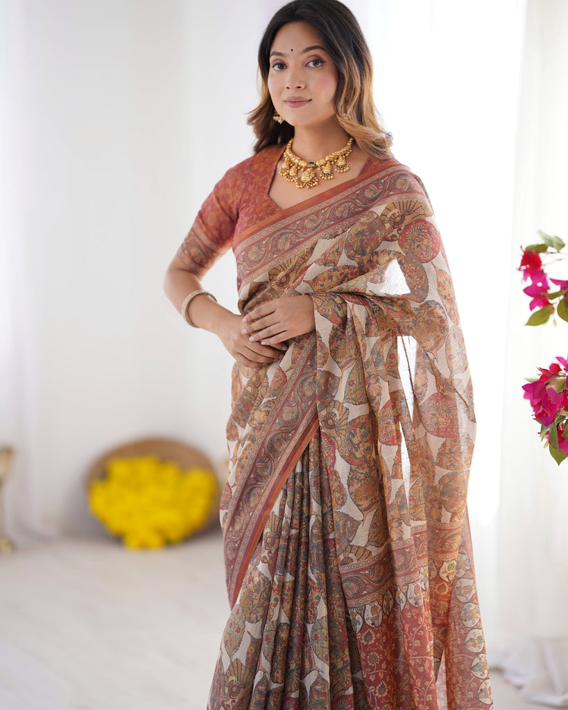 Rust Beige Pure Linen Cotton Saree with Paisley Motifs and Mandala Artwork LINEN HANDLOOM