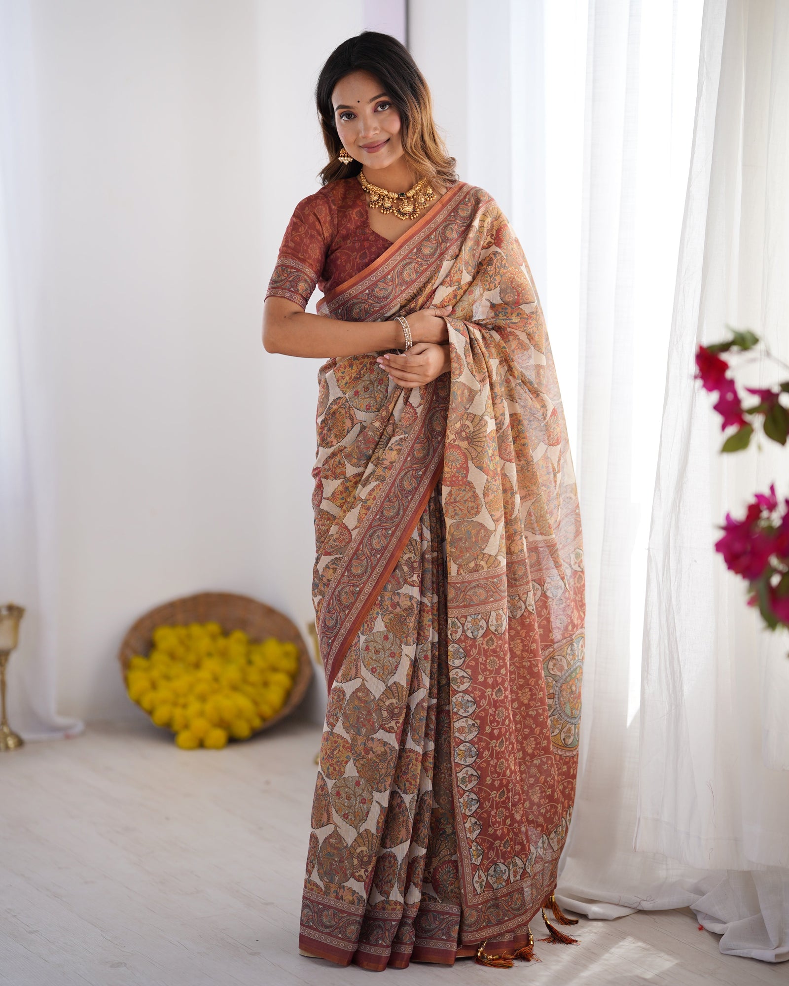 Rust Beige Pure Linen Cotton Saree with Paisley Motifs and Mandala Artwork LINEN HANDLOOM