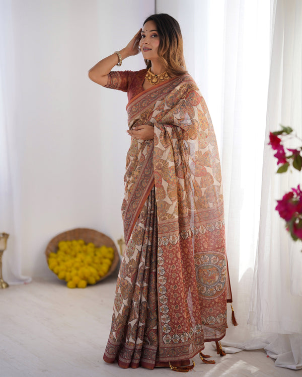 Rust Beige Pure Linen Cotton Saree with Paisley Motifs and Mandala Artwork LINEN HANDLOOM