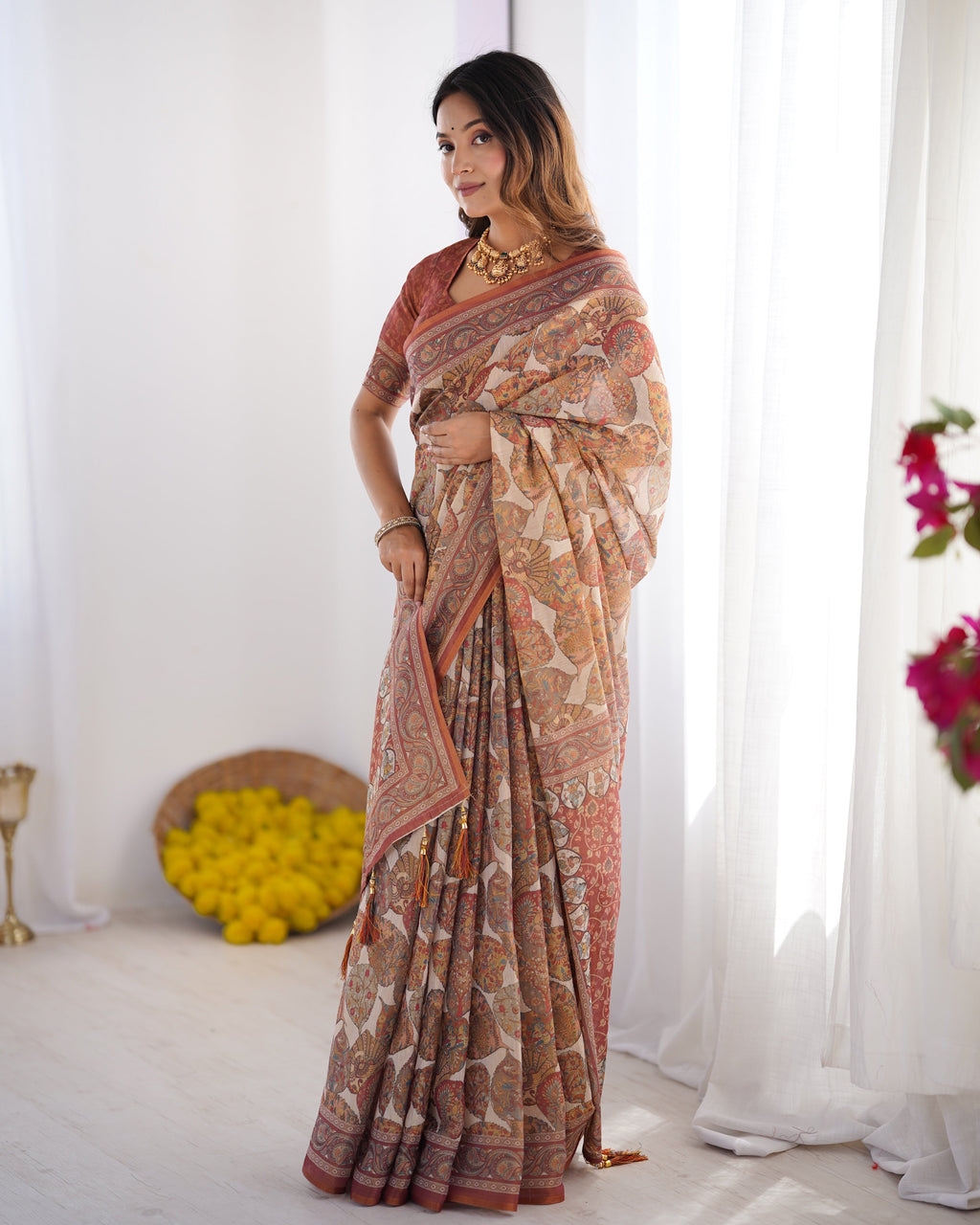 Rust Beige Pure Linen Cotton Saree with Paisley Motifs and Mandala Artwork LINEN HANDLOOM